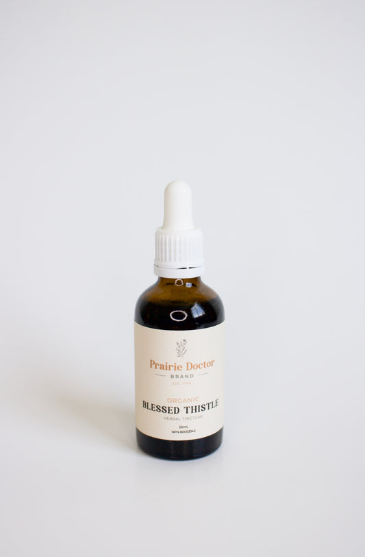 Our organic Blessed Thistle tincture can be used:  As a digestive tonic and bitter to increase appetite and aid digestion (stomachic). To help relieve dyspepsia. Blessed Thistle is traditionally used in Herbal Medicine as an expectorant to help relieve cold symptoms such as excessive catarrh.
